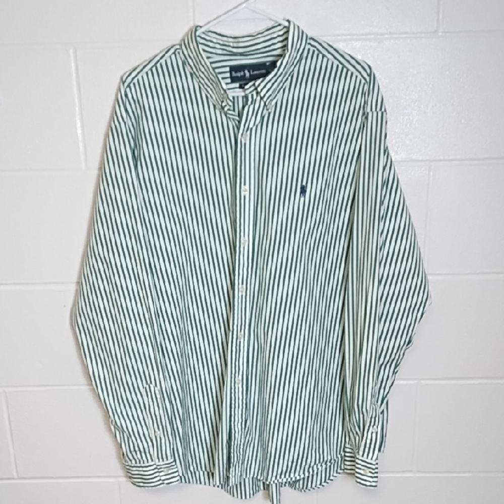 Ralph Lauren Green & White Stripe Casual Button Down Cotton Shirt